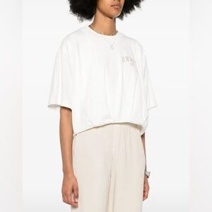 PINKO pure cotton white crop tee with pleated bubble hem and logo print size S